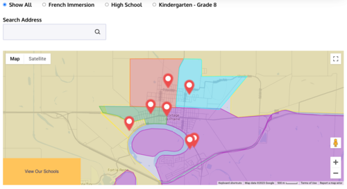 A screenshot of the catchment areas for PLPSD, with opens to filter by program type, and grade. there's also the option to search address.